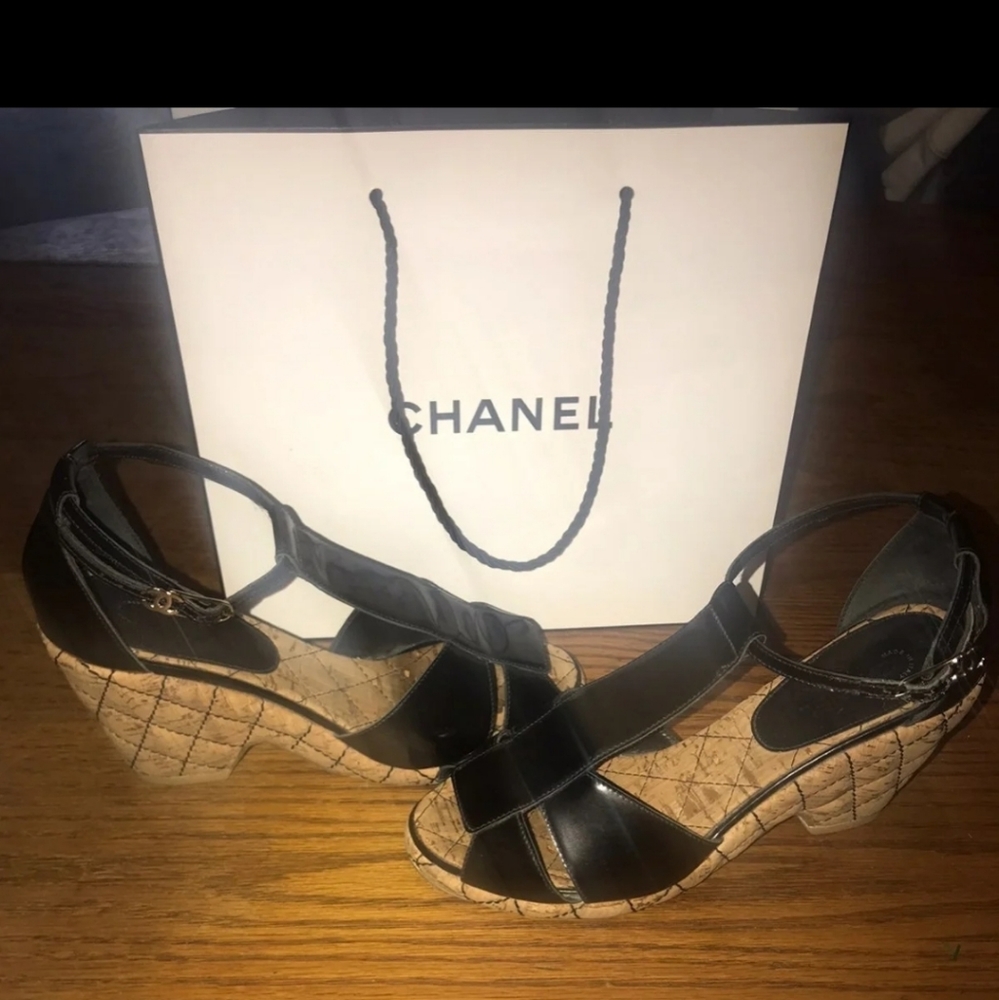 Authentic CHANEL Quilted Cork Mary Jane Wedges